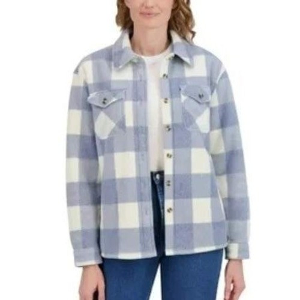 Sage Collective Women's XL Blue White Plaid Fleece Sherpa Lined Shacket